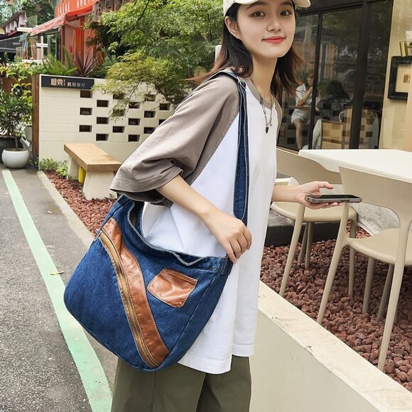 Denim Purse for Women Men Tote Bag with Zipper Crossbody Blue Jean Purses Canvas - Picture 3 of 9